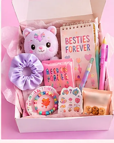 Illustration of the Bestie Club favor box: mini plush friend, friendship bracelet kit, scrunchie, mini notebook, gel pen, sticker sheet, a sealed snack