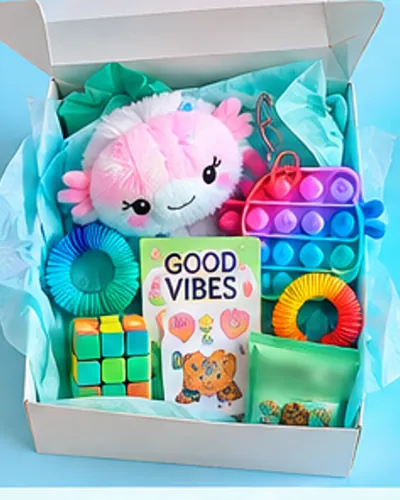 Illustration of the Fidget Lab favor box: squishy, push-pop fidget, stretchy fidget, sticker sheet, a sealed snack