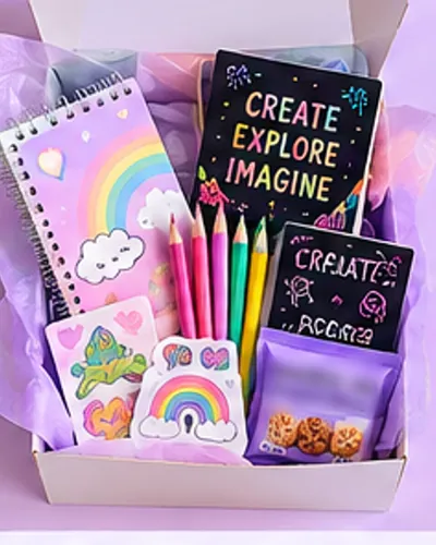 Illustration of the Little Creator favor box: scratch-art card, mini coloring book, colored pencils, sticker sheet, a sealed snack