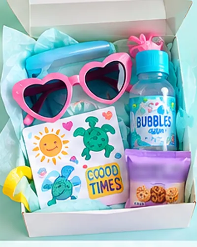 Illustration of the Sunshine Club favor box: kid-size sunglasses, mini bubbles, temporary tattoos, sticker sheet, a sealed snack
