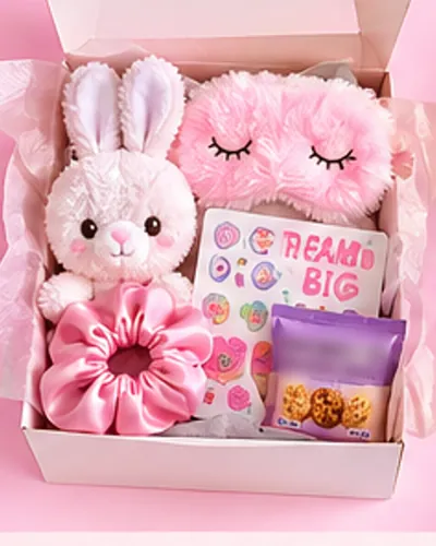 Illustration of the Sweet Dreams favor box: mini plush friend, plush sleep mask, satin scrunchie, sticker sheet, a sealed snack